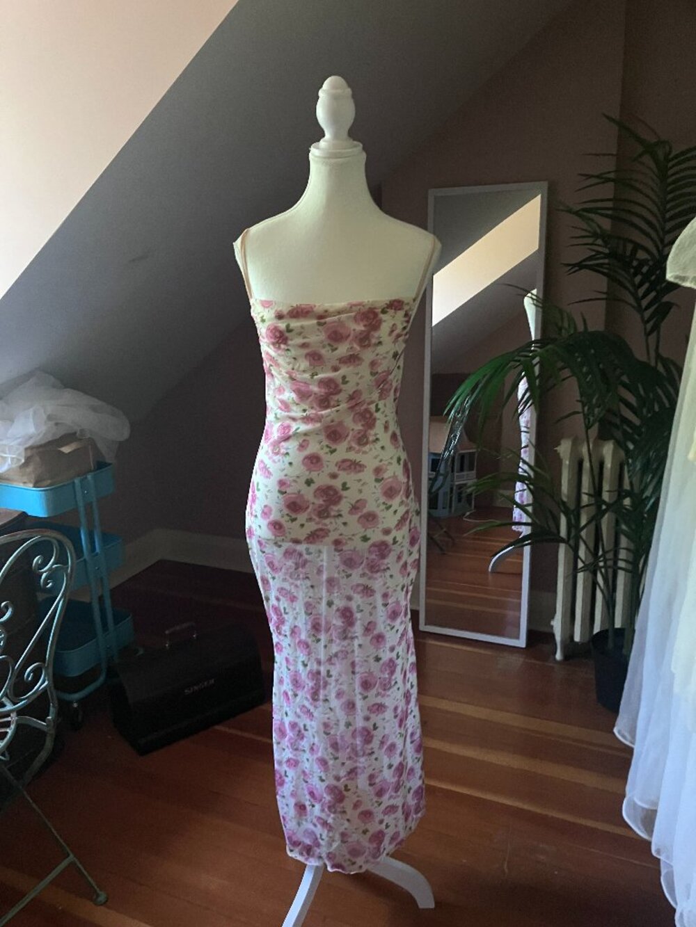 Pink & white mesh summer beach dress coverup slip long maxi sundress semi sheer